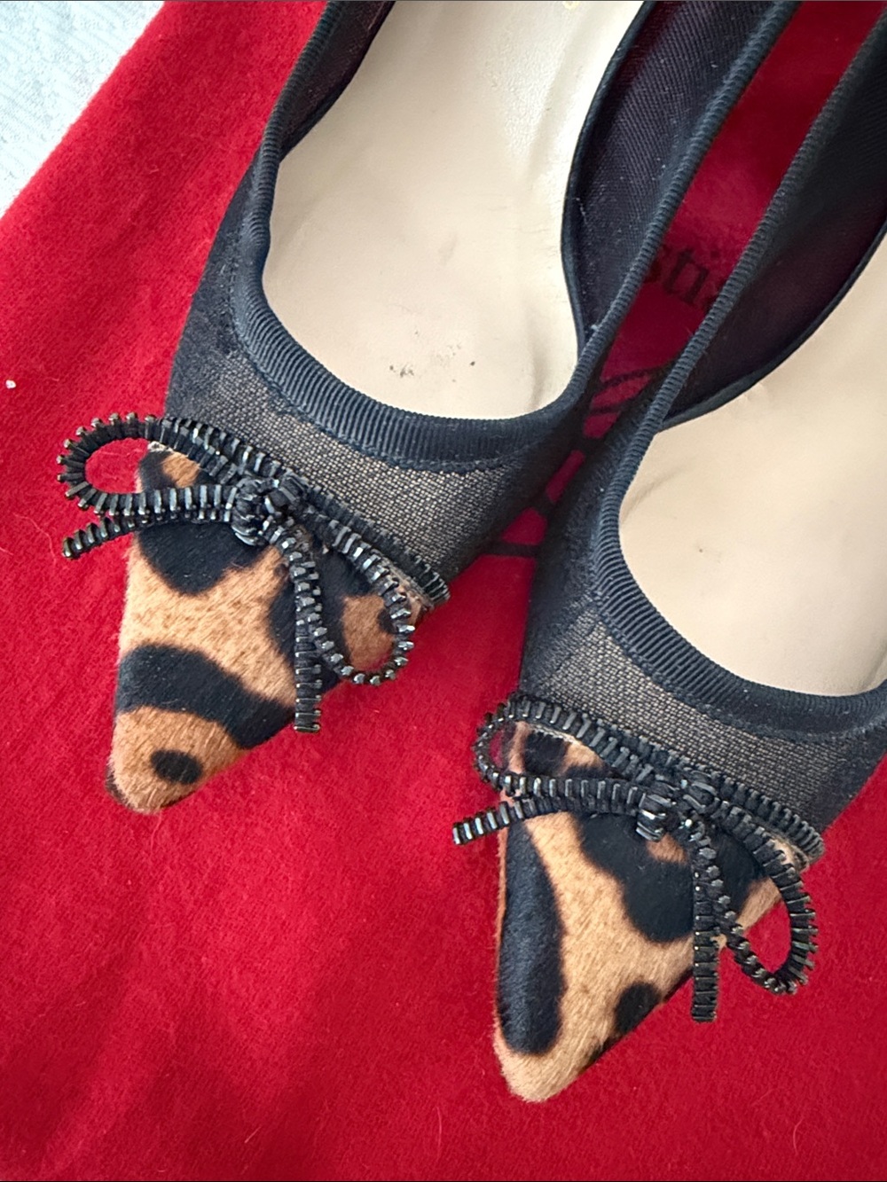 Christian Louboutin Black Mesh Heels with Leopard-Print Pointed Toe - Picture 2 of 12